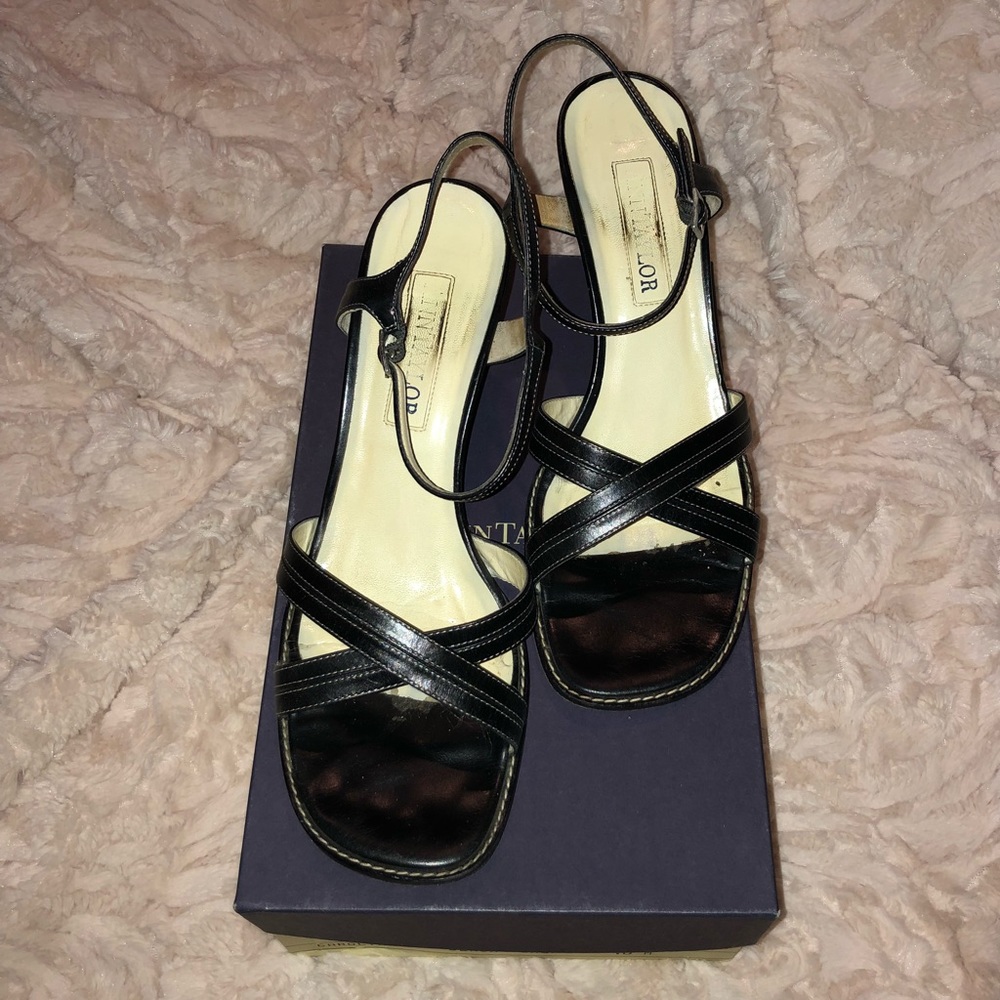 Ann Taylor Black Leather Wedge Heel Sandals